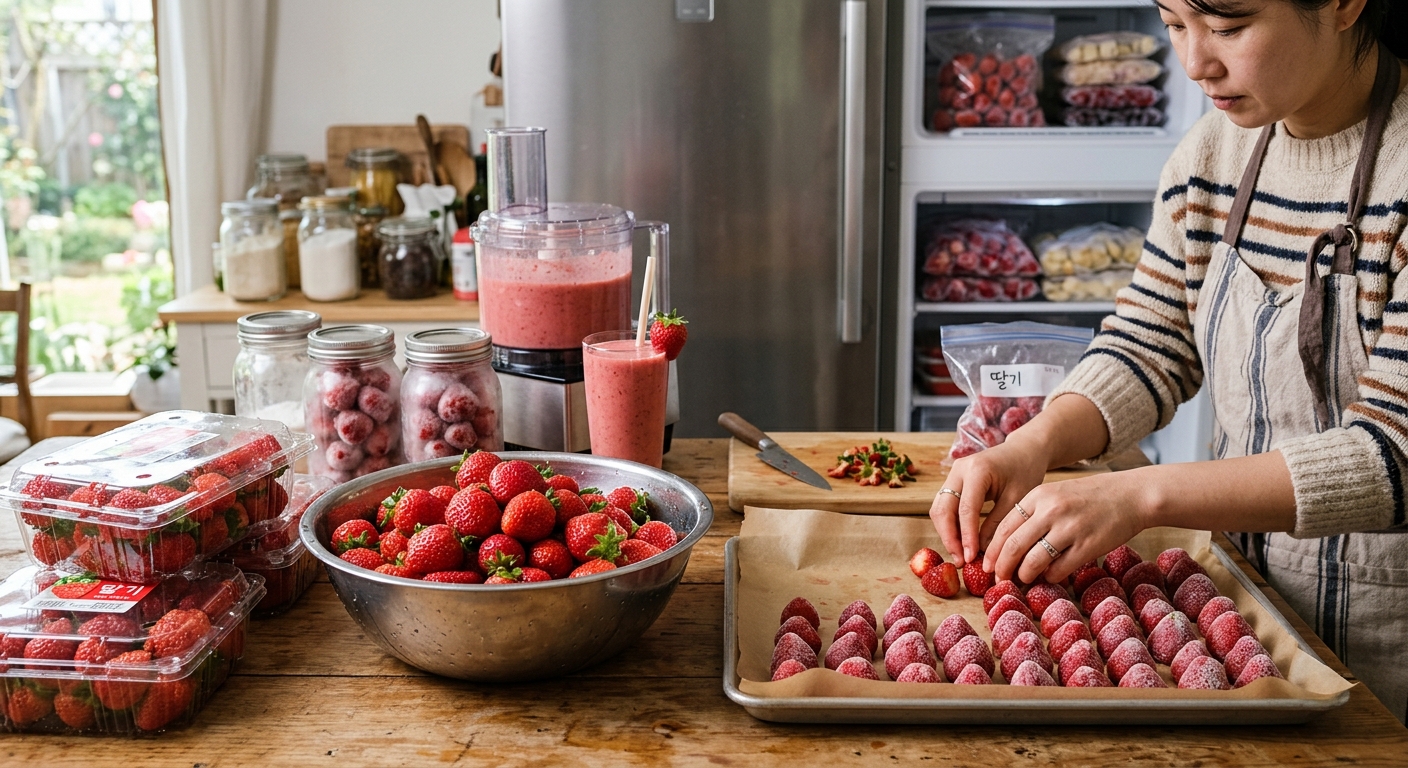 주방 테이블 위에 신선한 딸기 여러 팩이 놓여 있고 옆에 냉동용 지퍼백이 준비된 모습