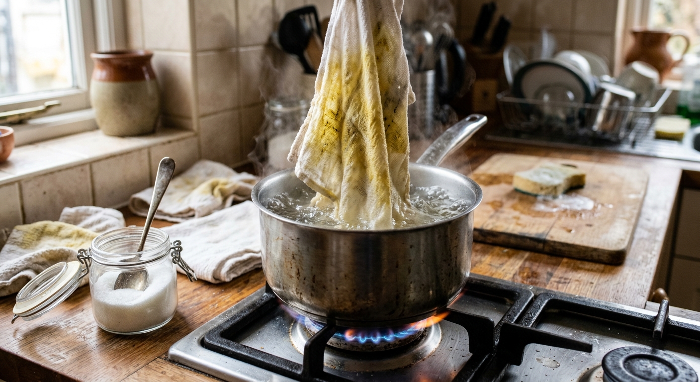 주방에서 사용 후 누렇게 변한 행주가 걸려 있는 모습