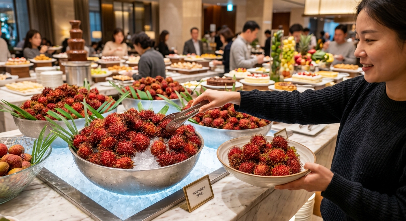 호텔 뷔페 디저트 코너에 담겨 있는 신선한 람부탄 과일