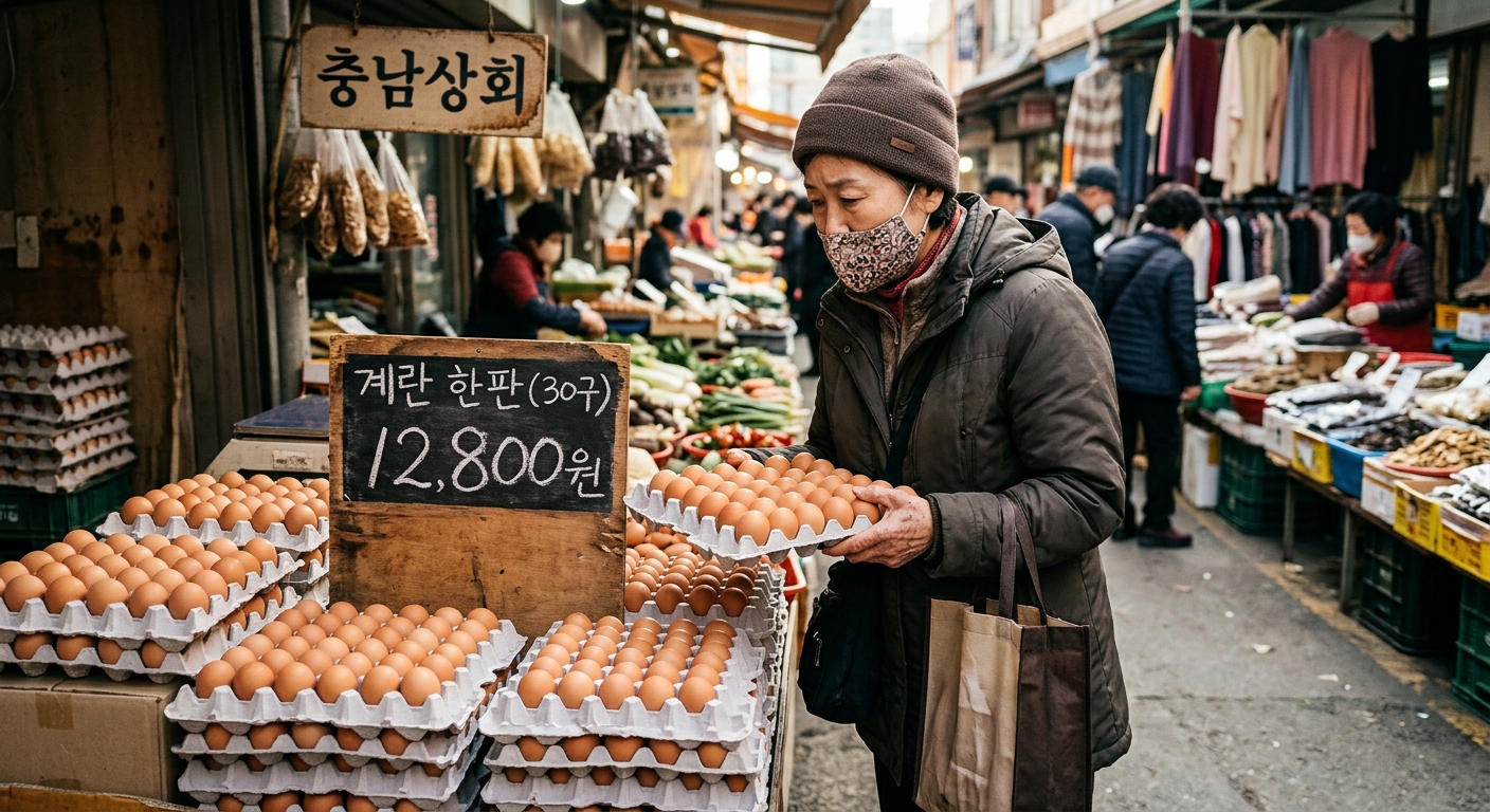 가격이 오른 계란 진열대 앞에서 장바구니를 든 소비자가 살펴보는 모습