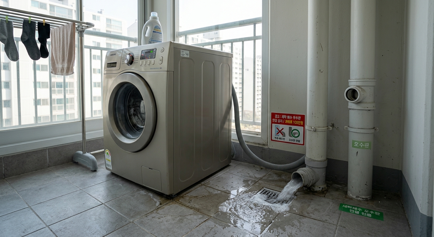베란다에 설치된 세탁기와 바닥 배수구 연결 상태를 점검하는 장면