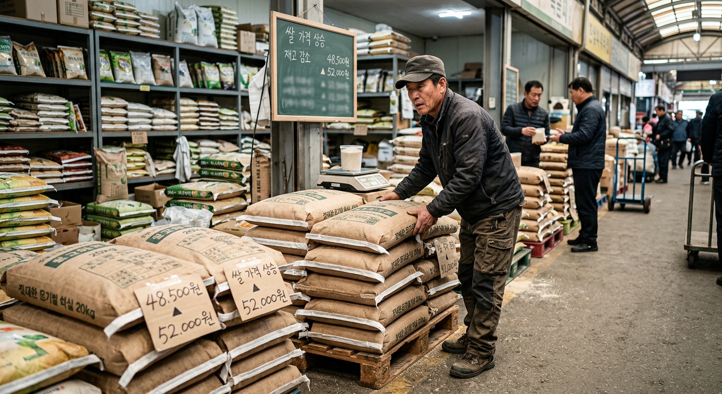 대형마트 쌀 진열대 앞에서 가격을 확인하는 소비자