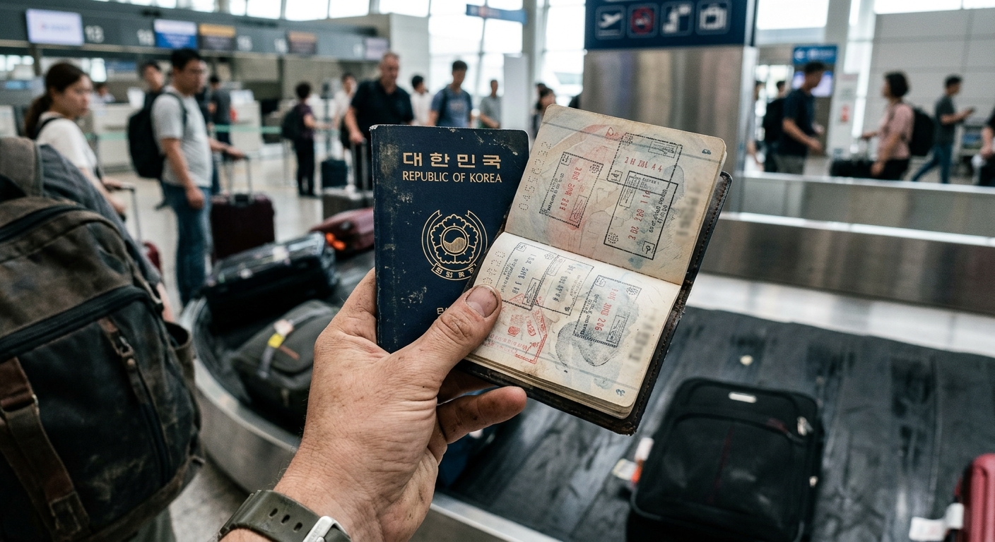 공항 터미널에서 여권을 들고 이동하는 여행객 클로즈업