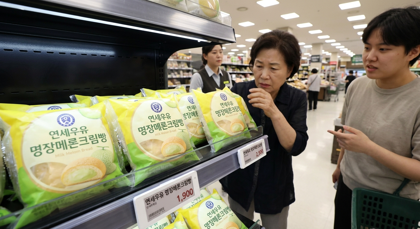 편의점에서 판매된 메론크림빵 포장을 개봉하며 이상한 냄새를 확인하는 모습