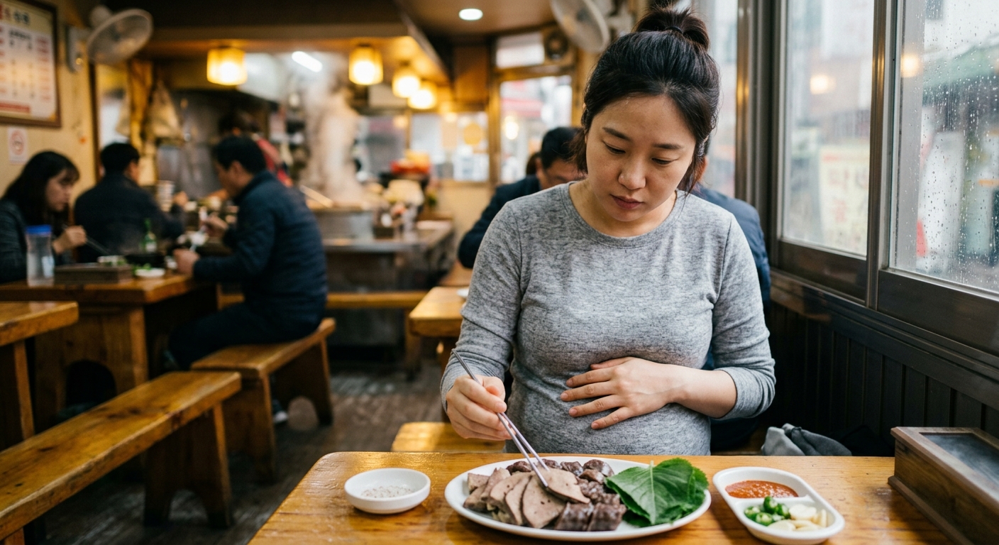 순대와 간이 함께 담긴 접시를 바라보는 임산부의 모습