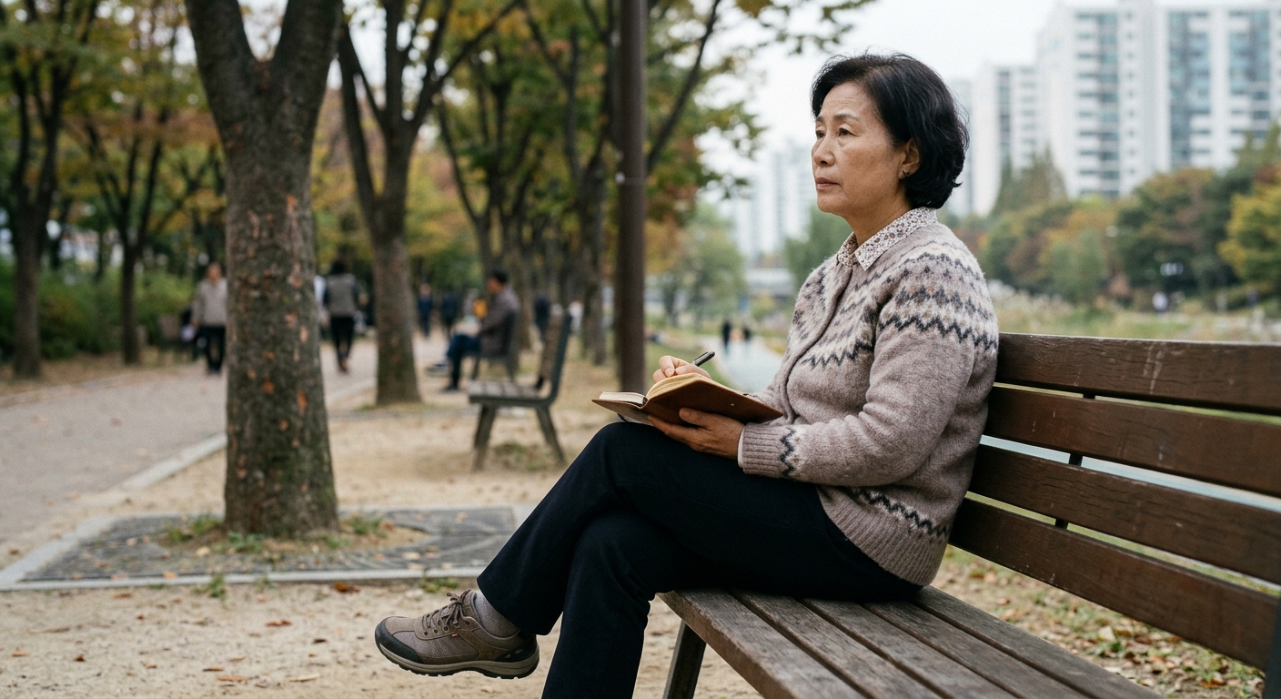 창가에 앉아 차분히 생각에 잠긴 60대 인물의 모습
