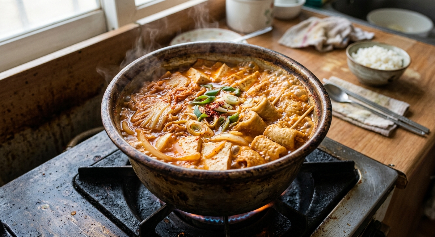 붉은 김치찌개 국물에 어묵이 들어가 깊은 맛을 내는 모습