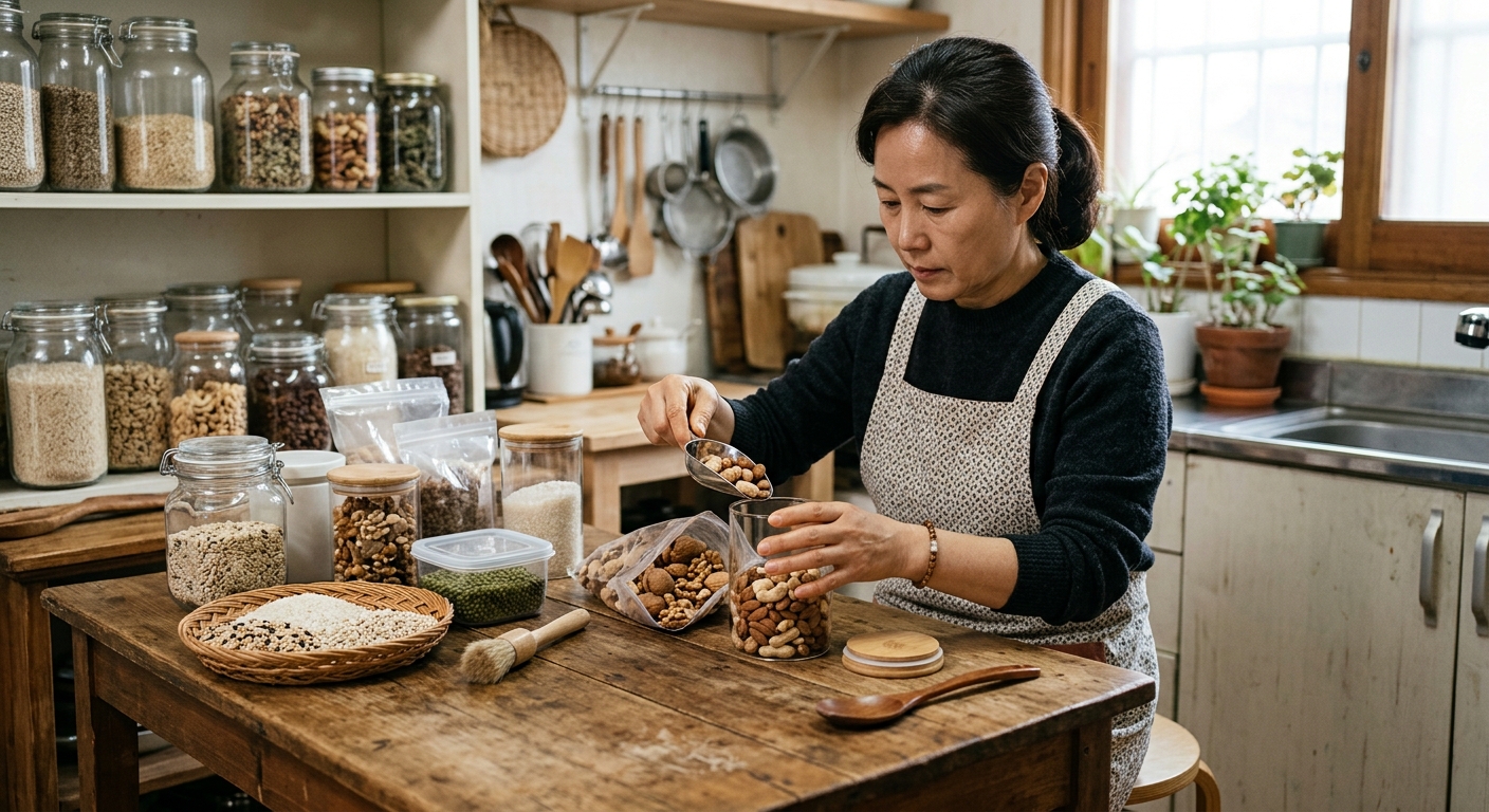 주방에서 보관 중인 곡물과 견과류를 점검하는 모습