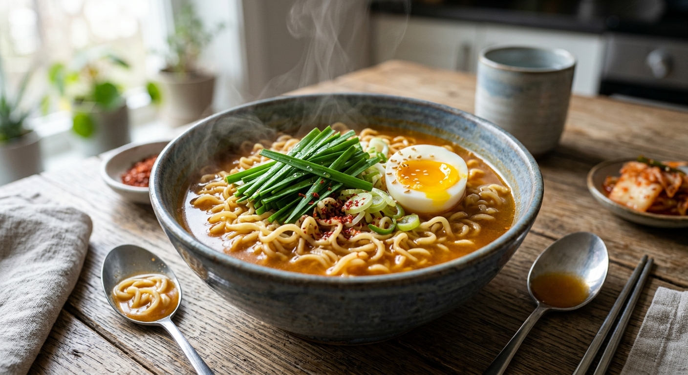 봄철 신선한 부추를 듬뿍 올린 따뜻한 라면