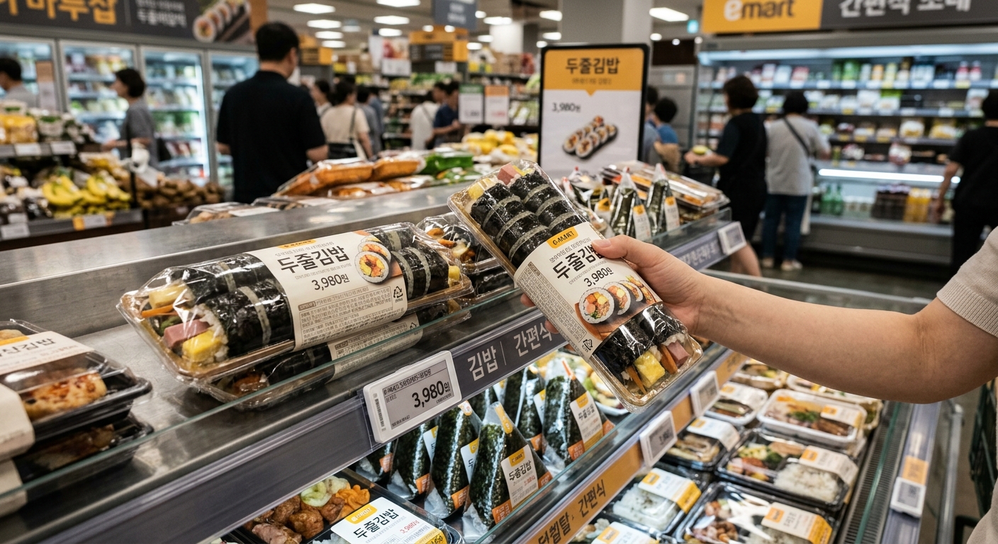 서로 다른 두 가지 맛의 김밥이 한 팩에 담긴 대형마트 델리 상품