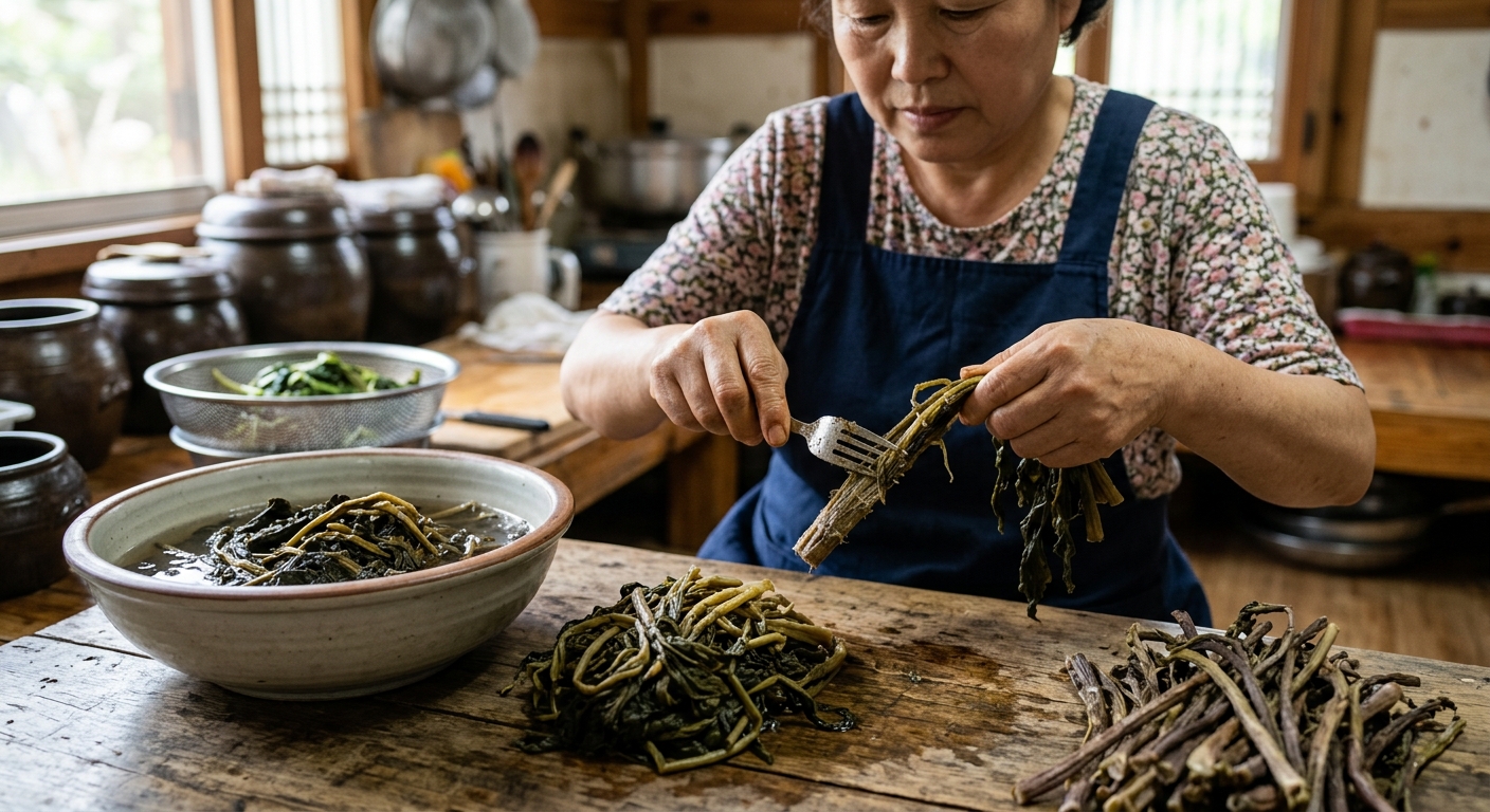 손질 전 거친 시래기와 손질 후 부드럽게 정리된 시래기 비교 모습