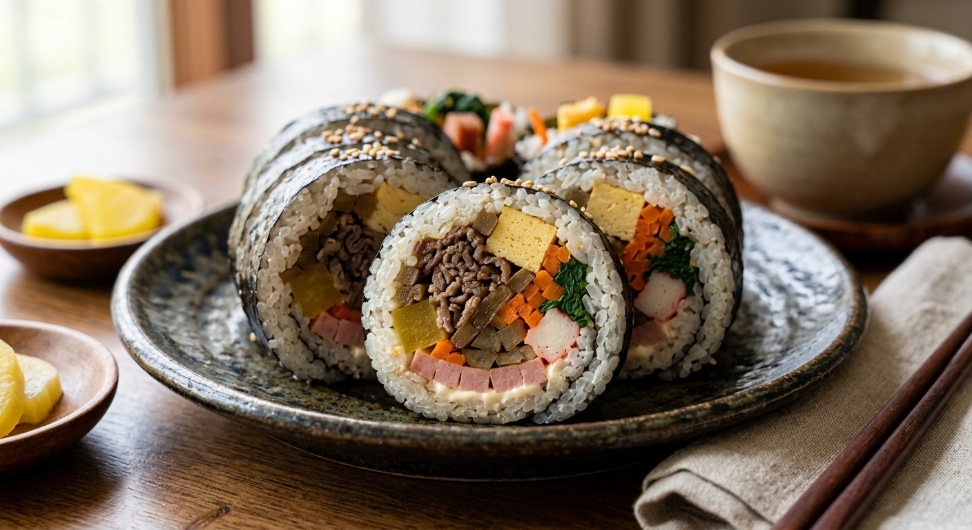 도마 위에 썰어 놓은 김밥과 속재료 단면이 보이는 장면