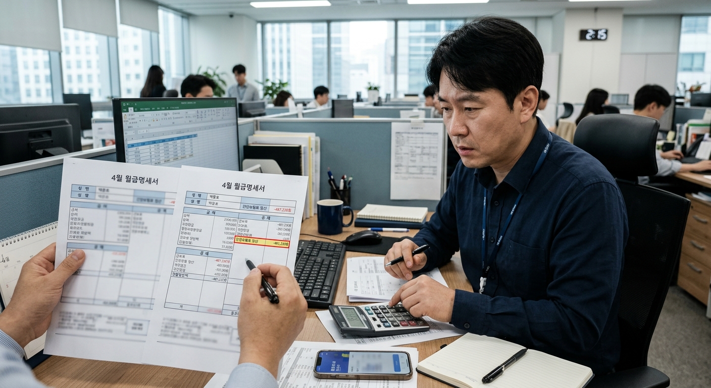 4월 월급명세서의 실수령액 변동 항목을 자세히 살펴보는 직장인 모습