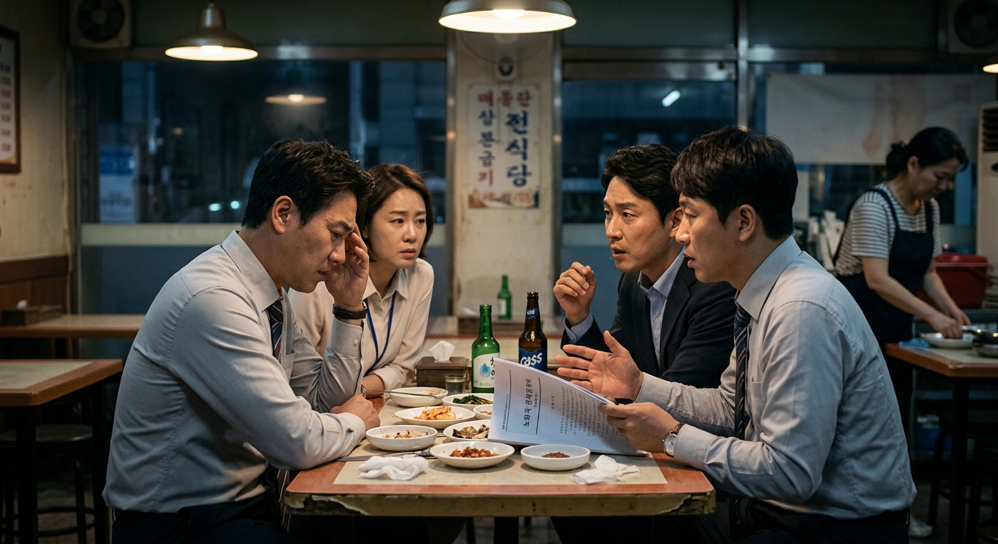 출근하는 직장인들이 오가는 도심 거리와 노동권 이슈를 상징하는 장면