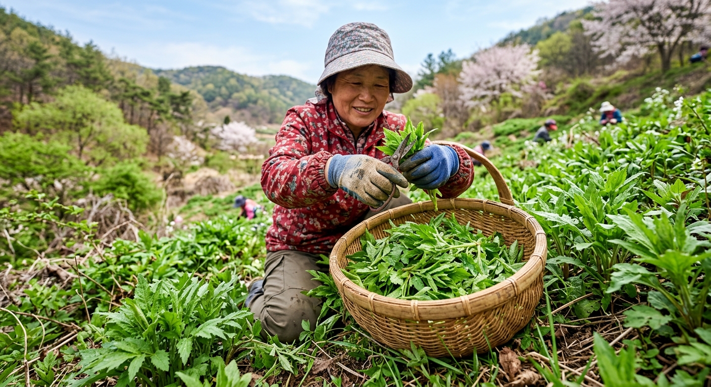 태안에서 수확된 신선한 참취나물 잎을 가까이서 담은 모습