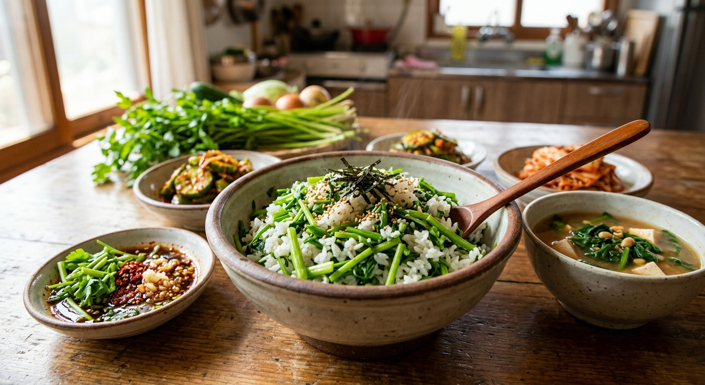 봄철 미나리를 넣어 지은 따뜻한 미나리밥이 그릇에 담긴 모습