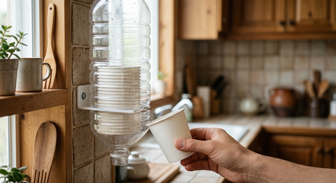 주방 테이블 위에 놓인 투명 페트병과 종이컵, 가위, 테이프가 함께 준비된 모습