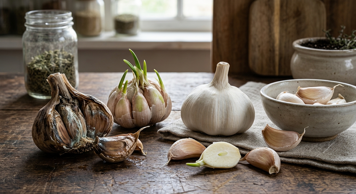 통마늘 여러 개가 놓여 있고 일부는 싹이 나기 시작한 상태를 보여주는 이미지