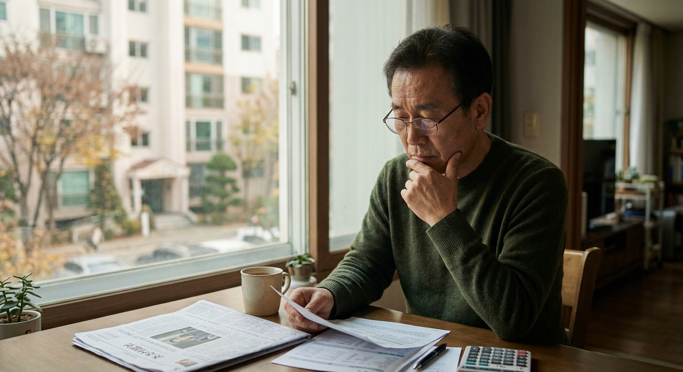 집에서 미래를 생각하며 메모하는 50대 부부의 모습