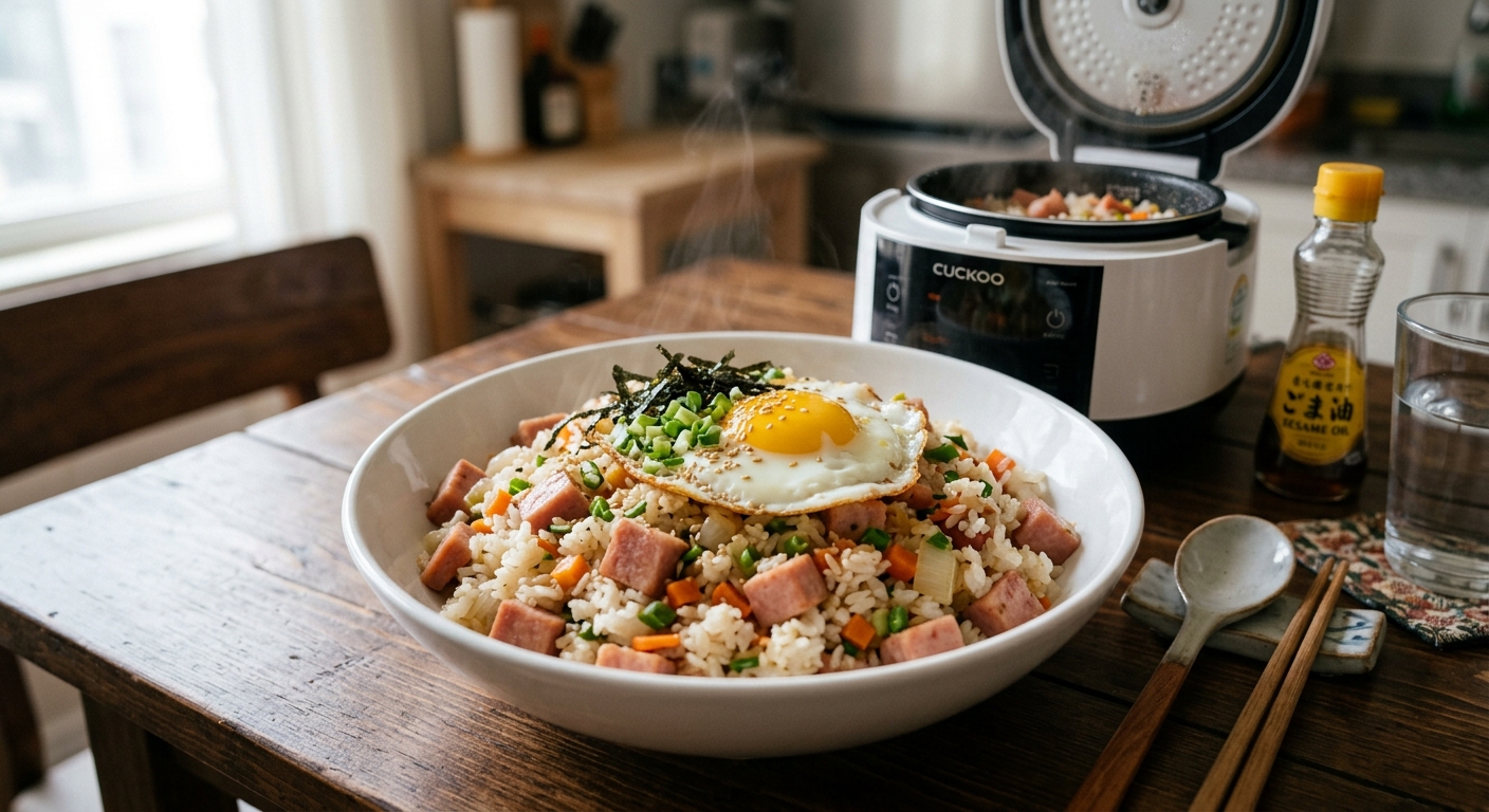 밥솥 안 불린 쌀 위에 썬 스팸을 그대로 올리는 모습