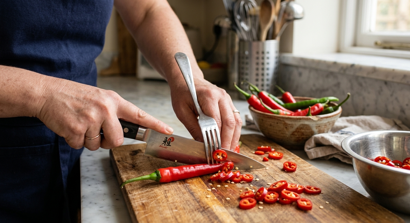도마 위 채소를 포크로 고정해 손 대신 잡고 있는 모습
