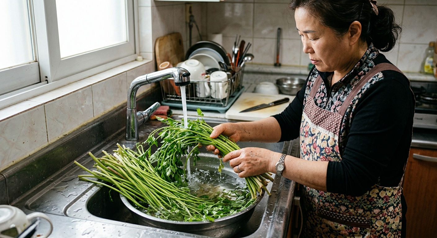 길고 가는 줄기와 여린 잎을 가진 신선한 미나리 클로즈업