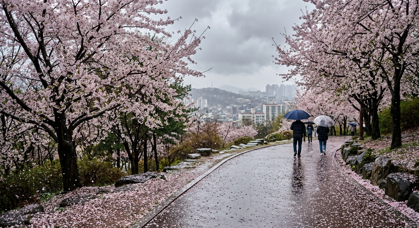 주말에 제주와 남부에서 시작한 비가 전국으로 퍼지는 봄철 날씨 이미지