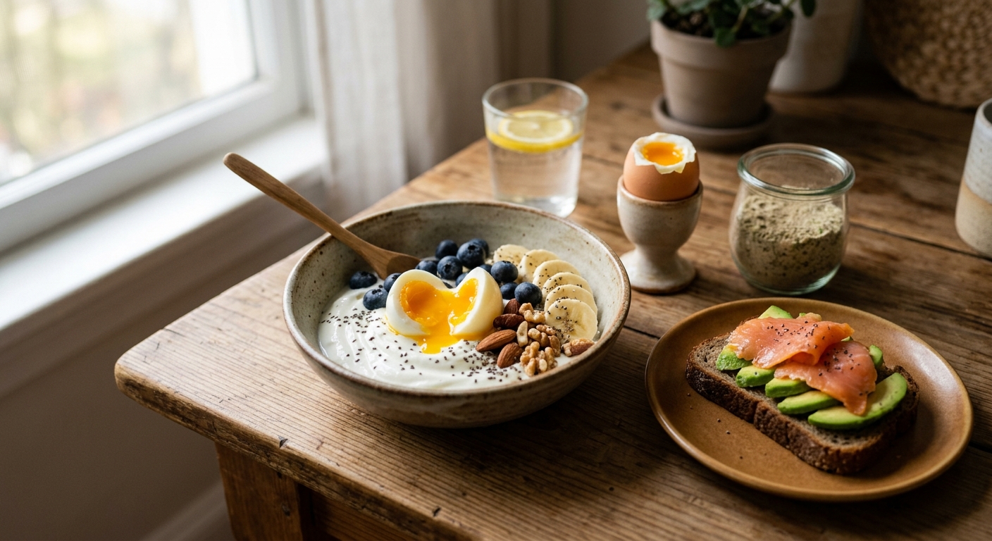 아침 식사로 단백질과 식이섬유가 균형 있게 담긴 건강한 식탁