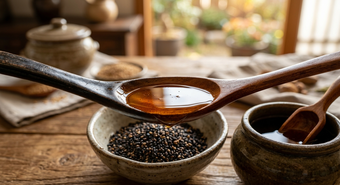 작은 유리그릇에 담긴 참기름과 주변에 놓인 참깨가 보이는 장면