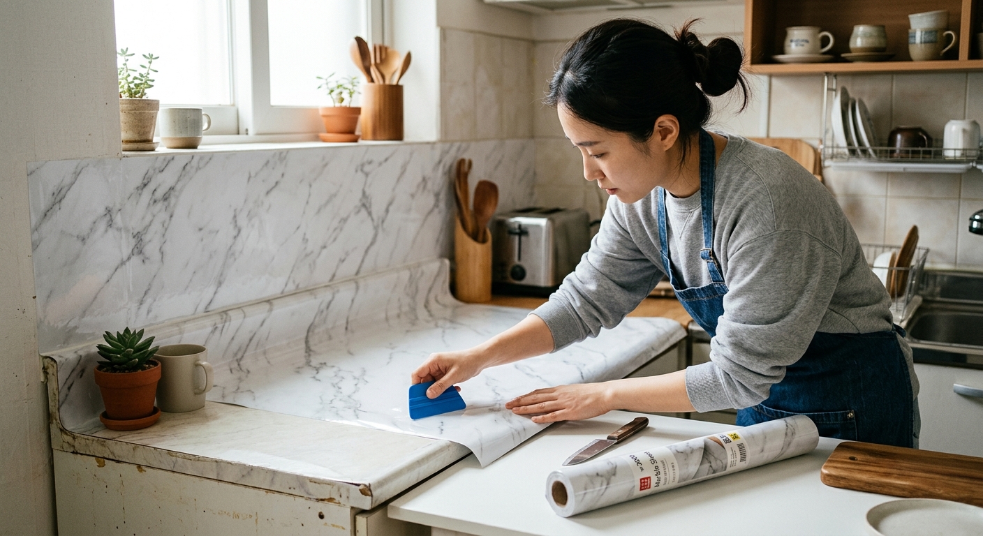 다이소 시트지로 낡은 가구와 벽면을 손쉽게 리폼하는 셀프 인테리어 장면