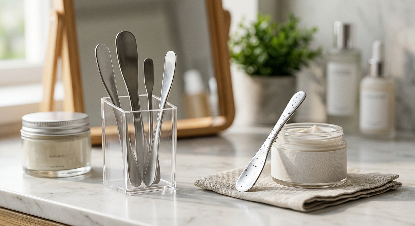 단지형 크림 옆에 놓인 화장품 스파츌라와 깔끔한 화장대 모습