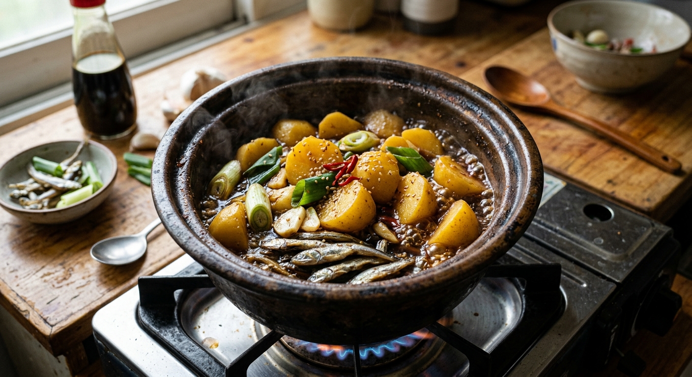 팬 바닥에 멸치와 양파를 깔고 그 위에 감자를 올린 감자조림 조리 장면