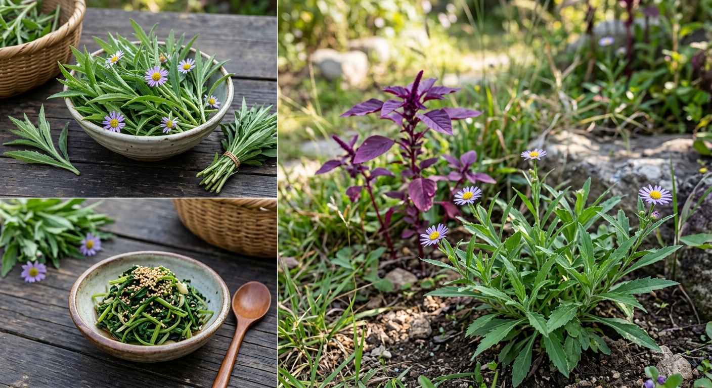 봄 들판에서 막 올라온 어린 쑥부쟁이 순의 근접 모습