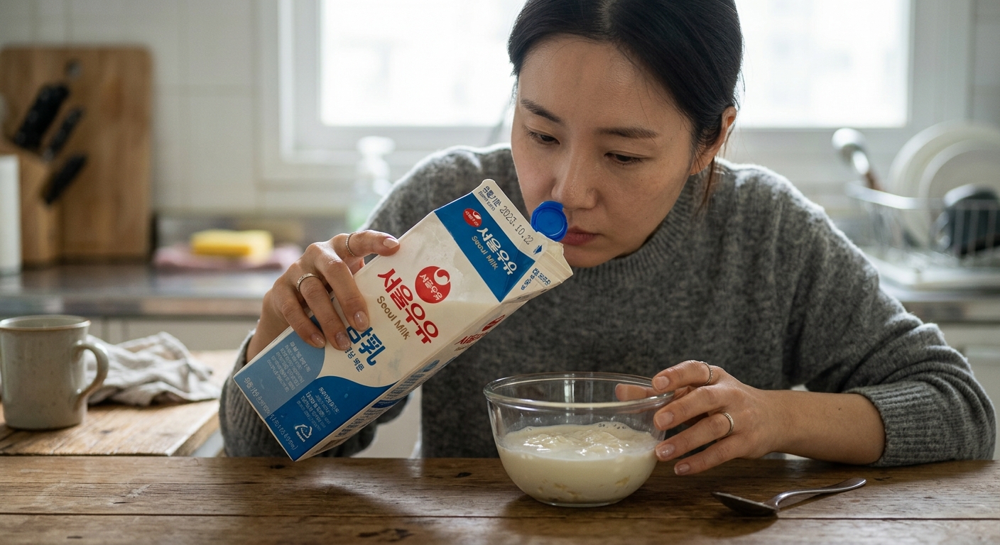 유통기한 지난 우유의 냄새와 상태를 확인하는 모습