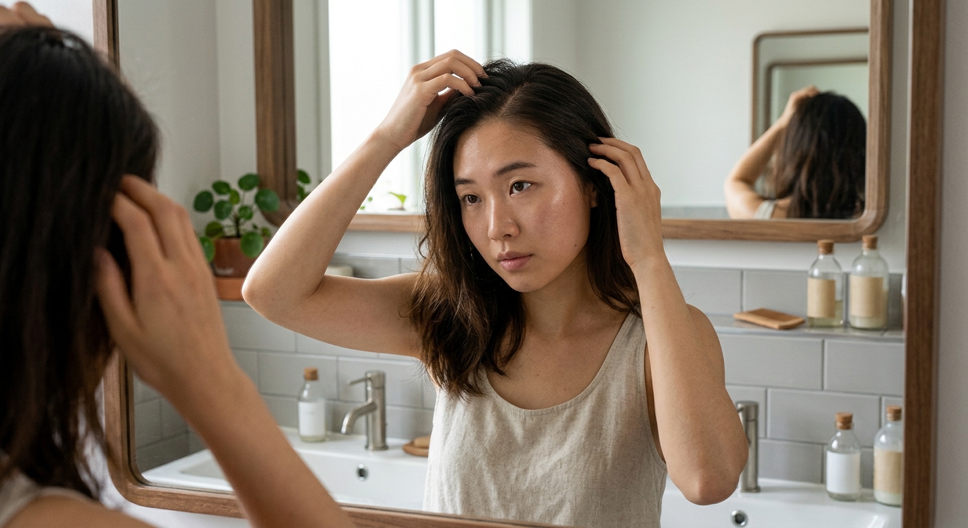 욕실 거울 앞에서 머리카락과 두피 상태를 확인하는 젊은 성인