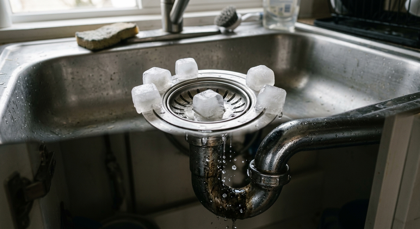 주방 배수구 주변에 놓인 식초 얼음과 청결한 싱크대 모습