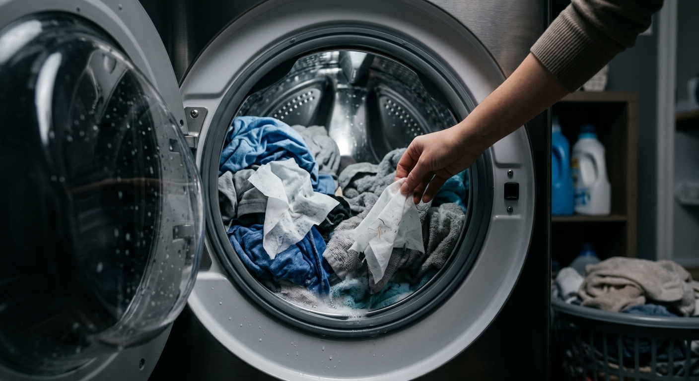 세탁기 안에서 옷과 함께 돌아가는 물티슈를 설명하는 생활 정보 이미지