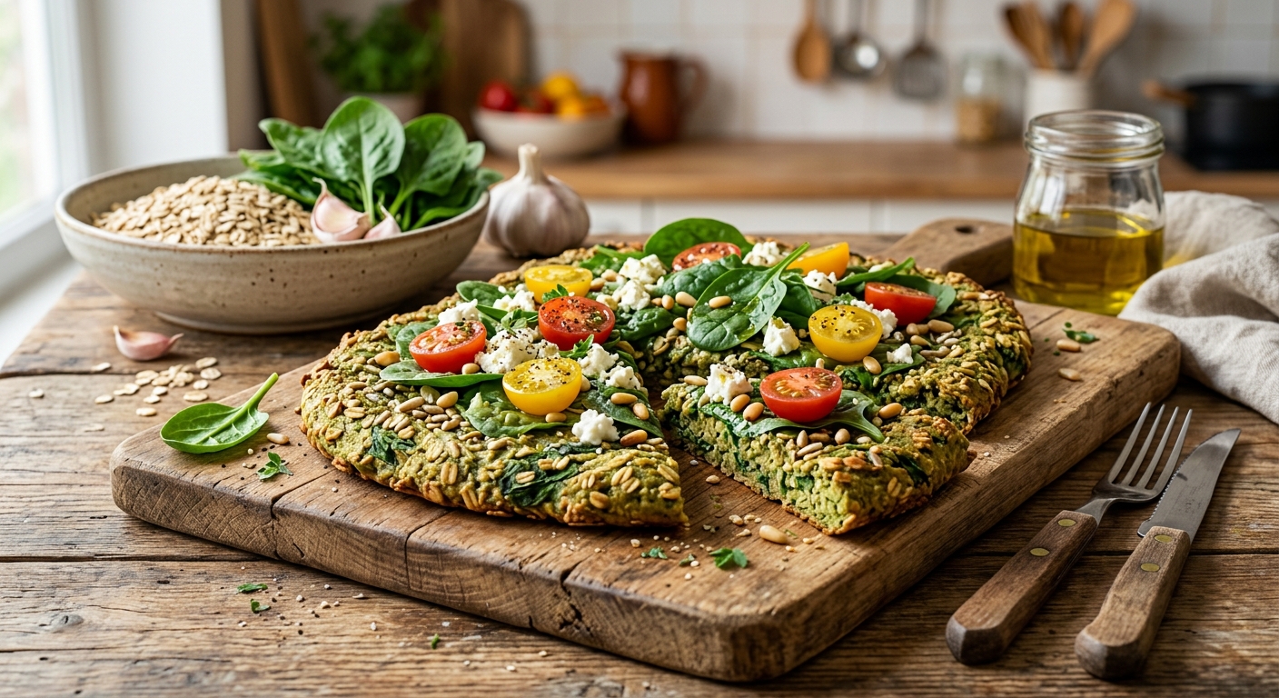 그릇에 담긴 오트밀과 신선한 시금치를 나란히 놓은 모습