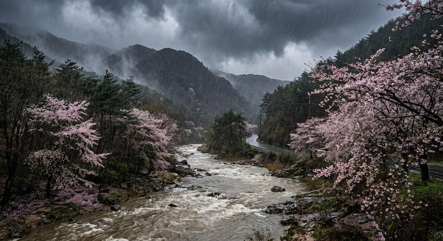 벚꽃이 피어 있는 도심 도로에 강한 비와 바람이 몰아치는 모습