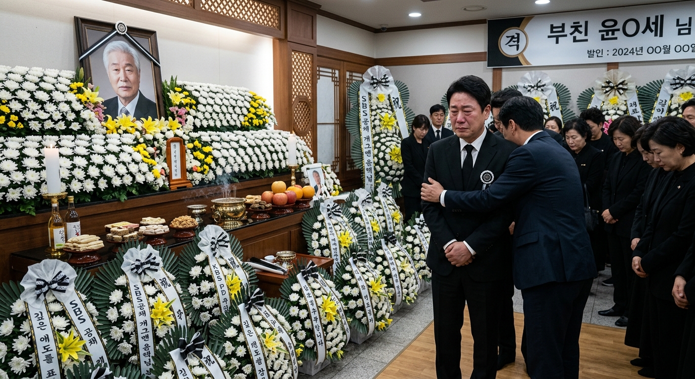부친상을 당한 방송인을 떠올리게 하는 차분한 추모 분위기의 이미지
