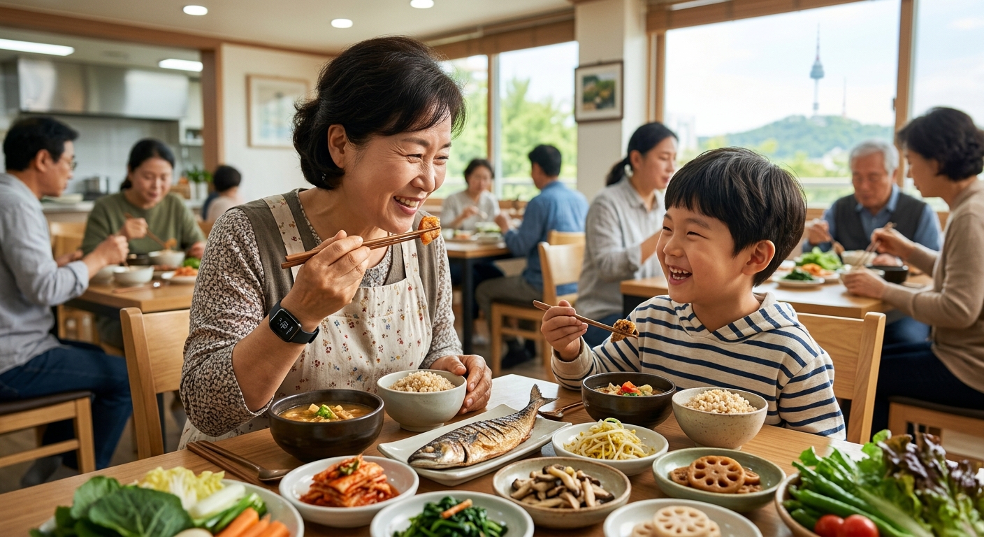 서울 도심 식당에서 잡곡밥이 포함된 건강한 한식을 먹는 시민들의 모습