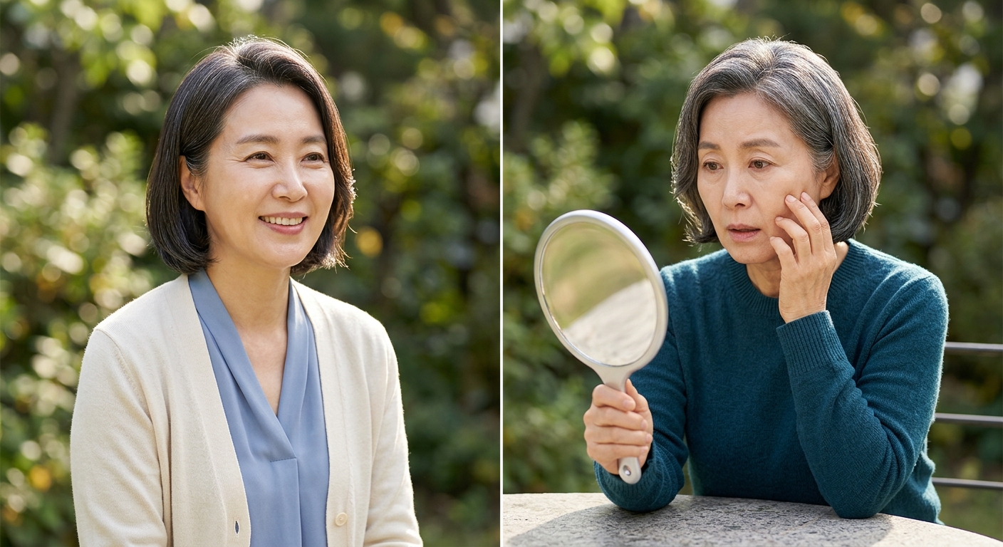 거울을 보며 피로한 표정을 짓는 중년 성인의 모습