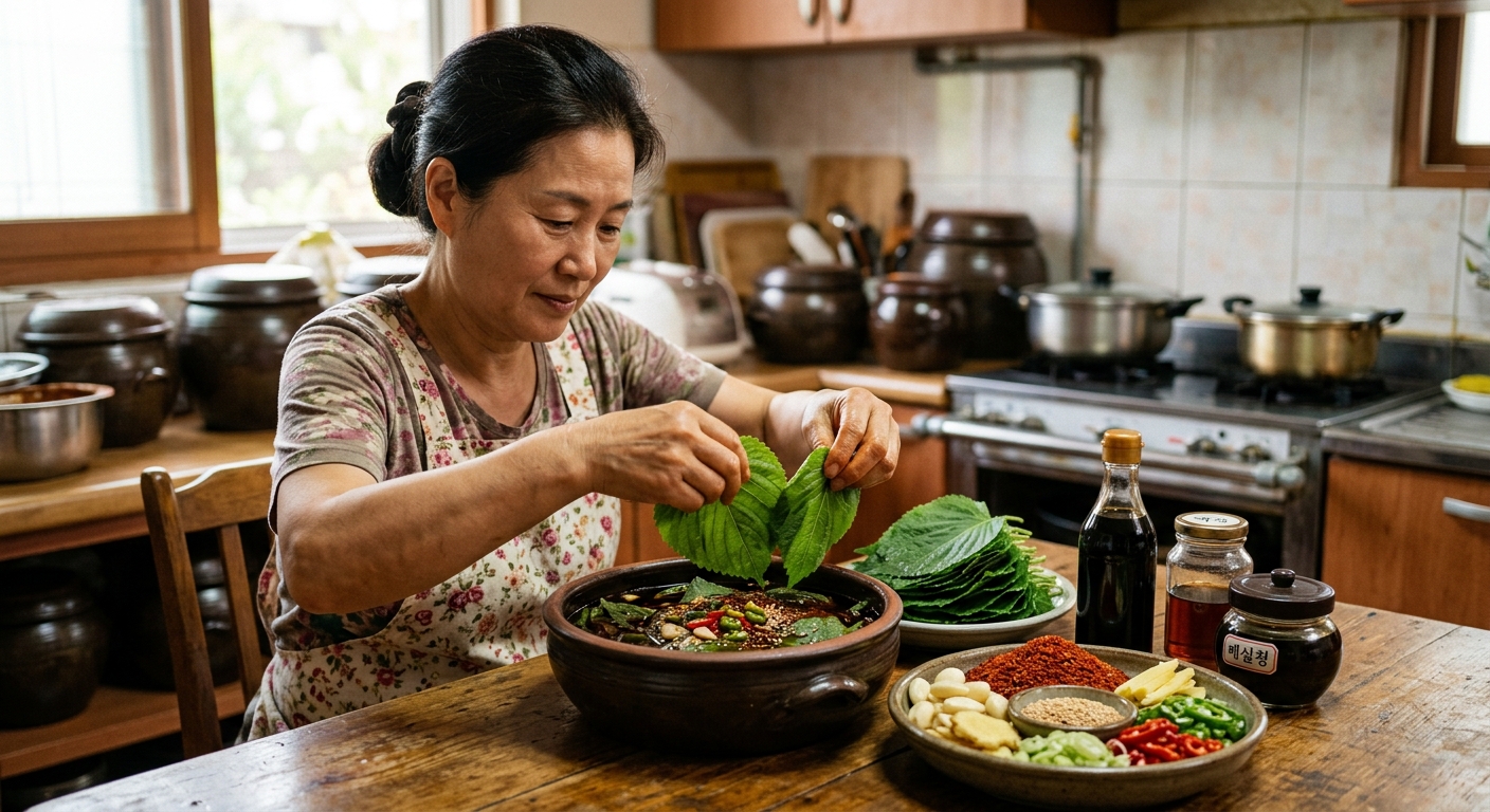 간장과 액젓, 설탕, 식초, 향채소가 함께 놓인 깻잎지 양념 재료