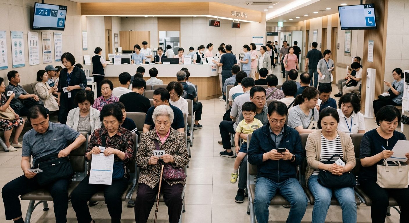 외래진료를 기다리는 다양한 연령대의 환자들이 있는 한국 병원 대기실 모습