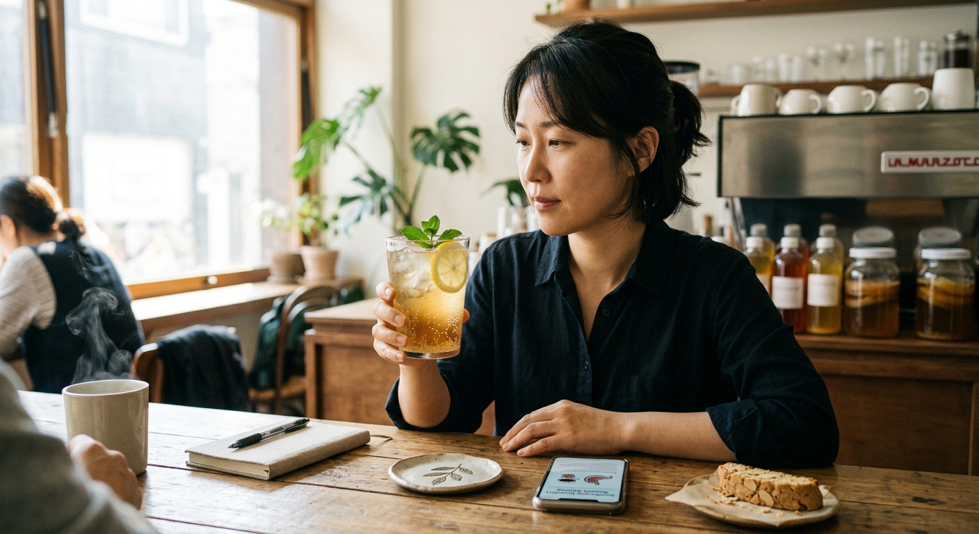 유리잔에 담긴 콤부차와 커피 대신 건강 음료를 선택한 아침 식탁 모습