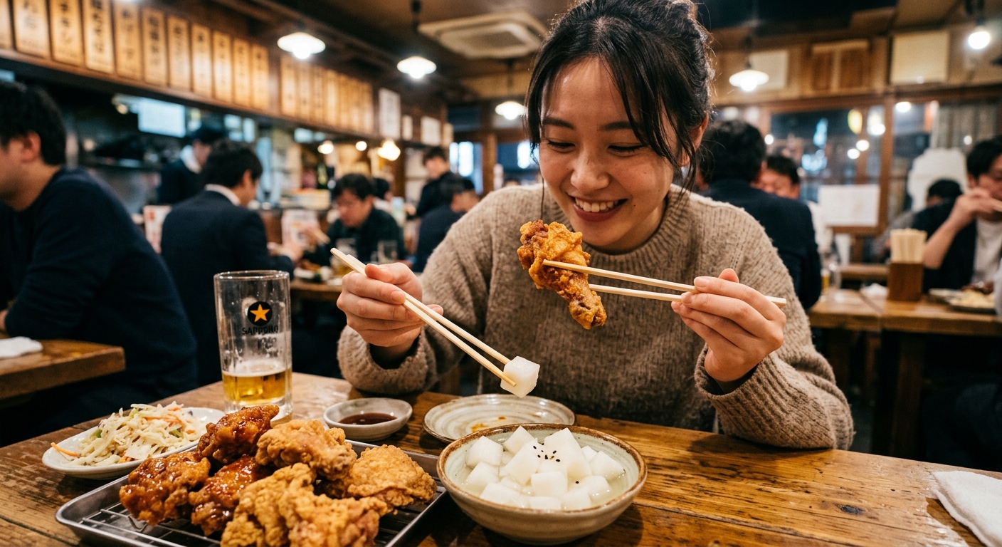 한국식 프라이드치킨과 함께 담긴 하얀 네모 치킨무 접시