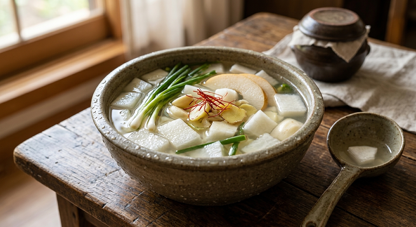 무와 소금, 마늘, 쪽파만으로 담근 맑은 동치미 국물