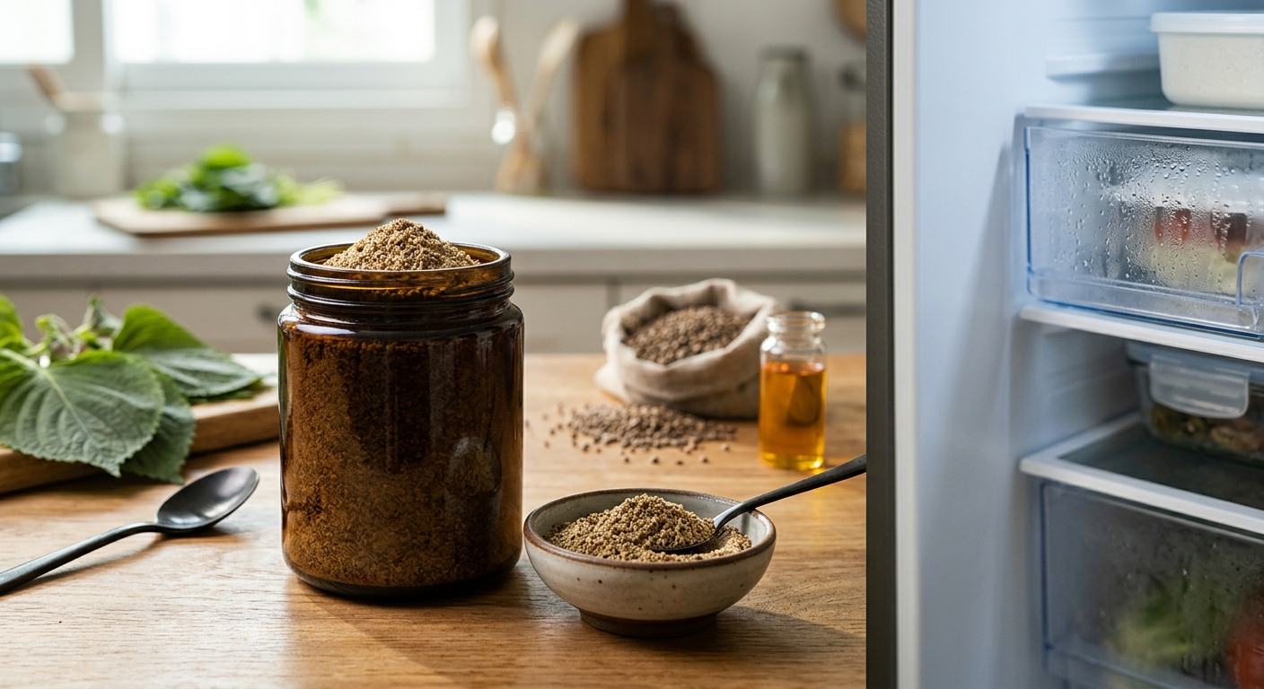 유리병에 담긴 들깨가루를 숟가락으로 덜어내는 모습