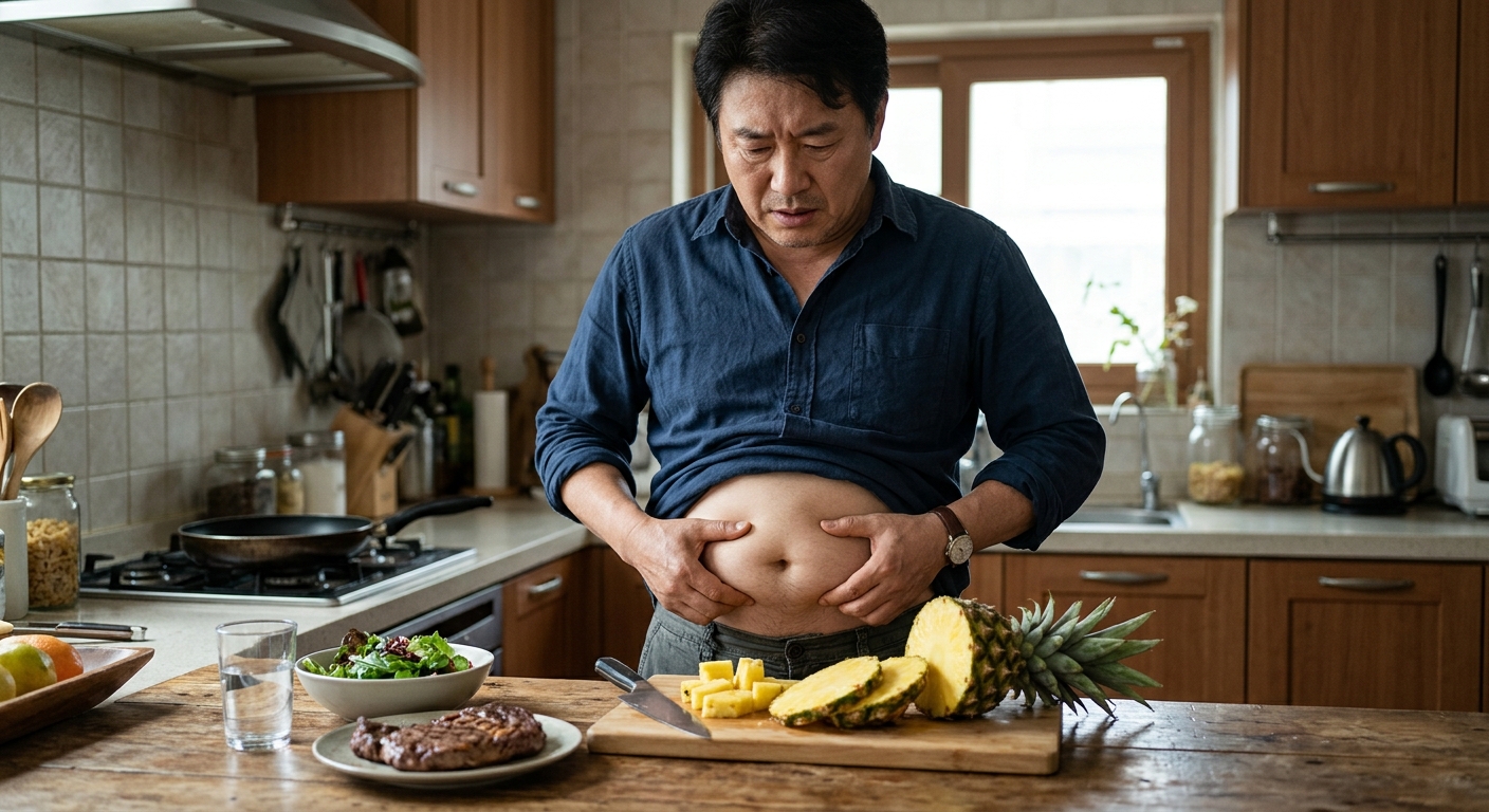 복부를 감싸 쥔 자세로 내장지방과 뱃살 관리를 상징하는 이미지
