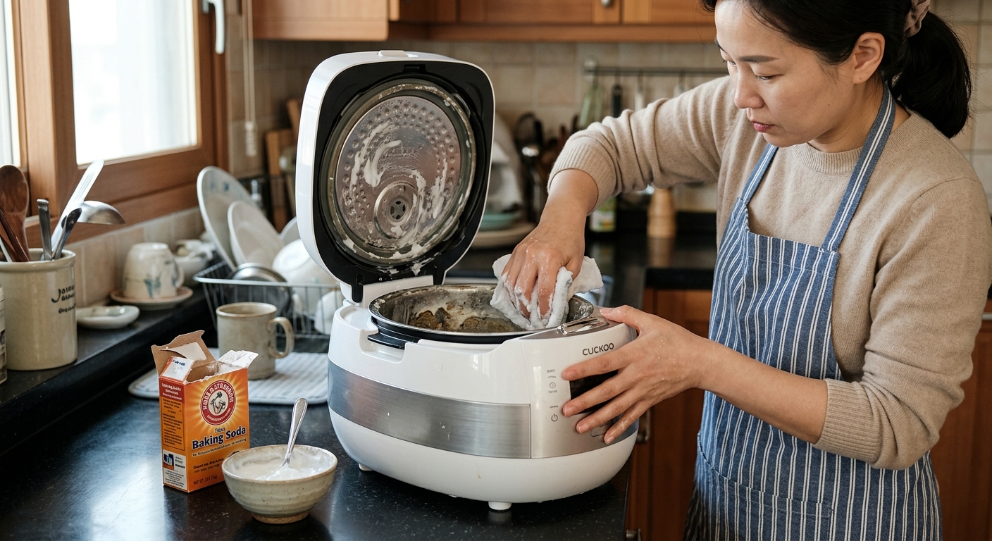전기밥솥 뚜껑 내부와 증기 배출구를 자세히 보여주는 청소 전 상태